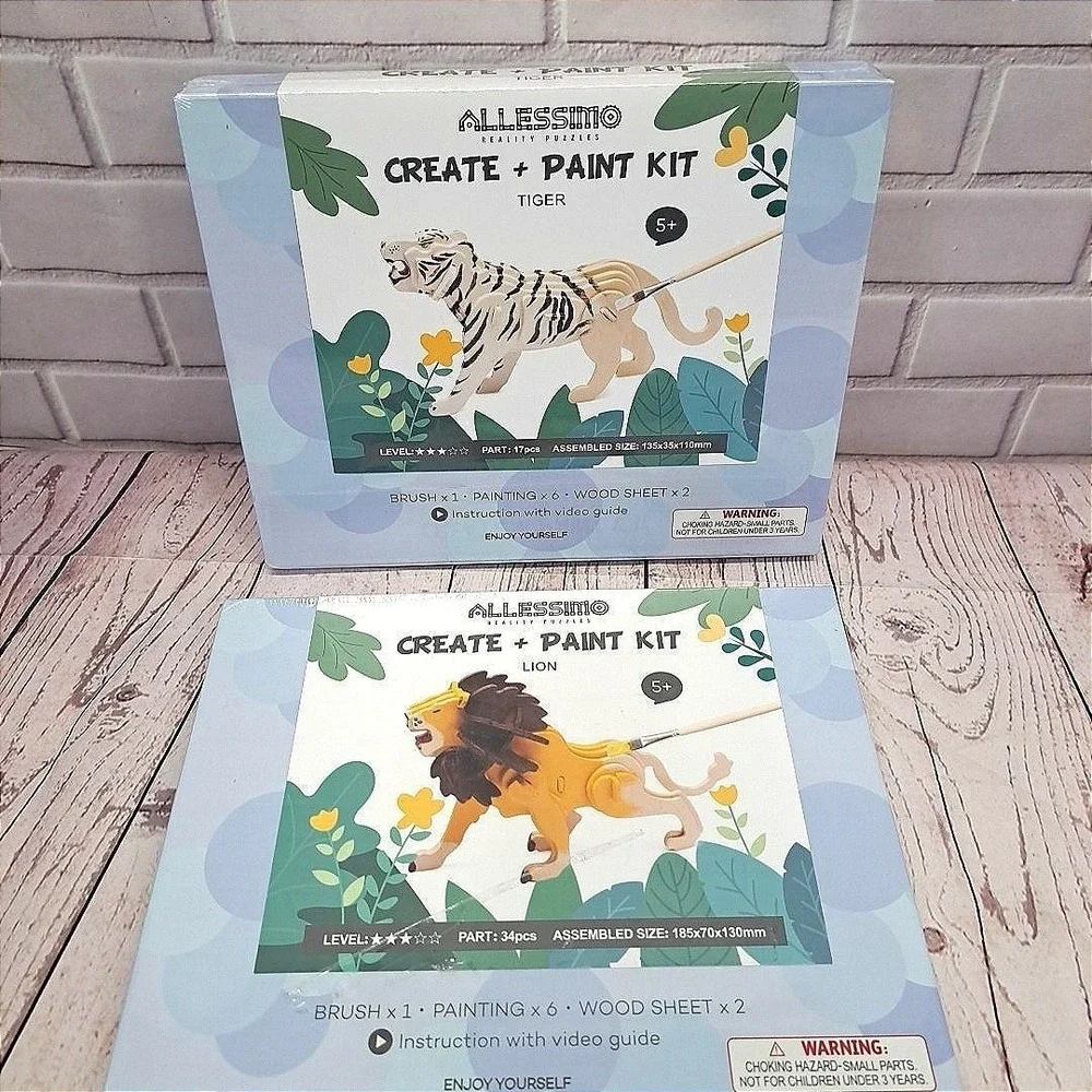 Lot Of 2, Allessimo 3D Wooden Puzzle Paint Craft Model Lion & Tiger New
